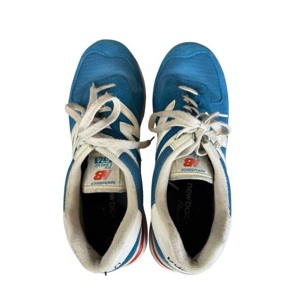 New Balance 574 Blue Red White Suede Mesh Sneakers Men’s 10.5 ML574HC2 - Picture 12 of 14